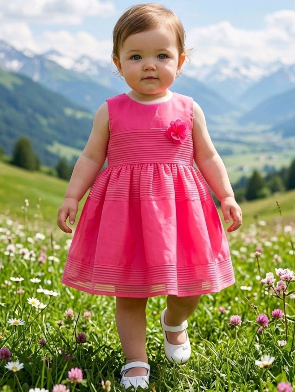 HM Pink Textured Stripe Flower Accent Sleeveless Baby Portrait Dress EUC 12-18M